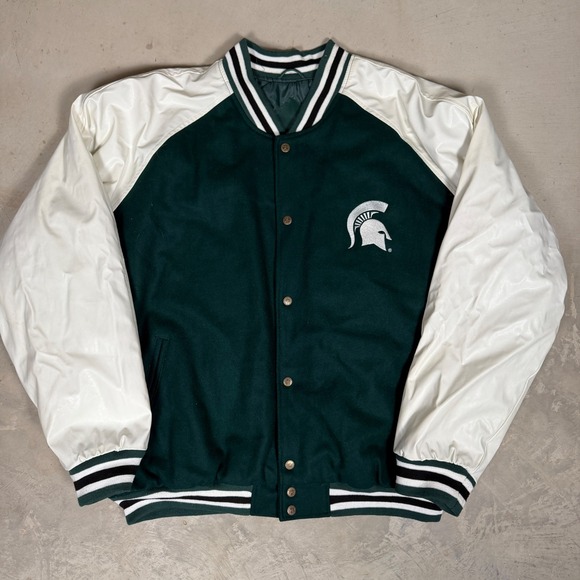 Steve & Barrys State Varsity Jacket Mens 2XL Green White Faux Leather Bomber